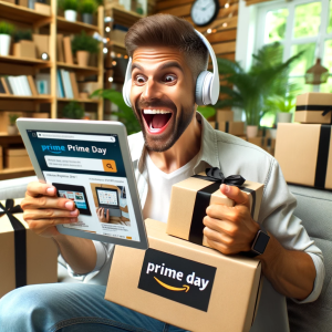 A shopper excitedly browsing electronic deals on a tablet during Amazon Prime Day